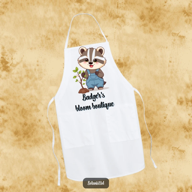 Funny apron showcasing a happy badger in overalls, pruning a small tree, ideal for gardening with a humorous touch.