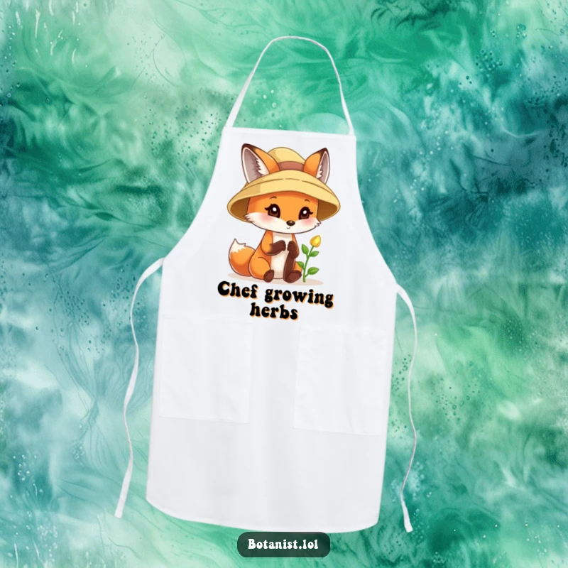 Funny fox apron, wearing a sunhat, curiously examining a tiny sprout with delight, ready for garden-themed cooking.