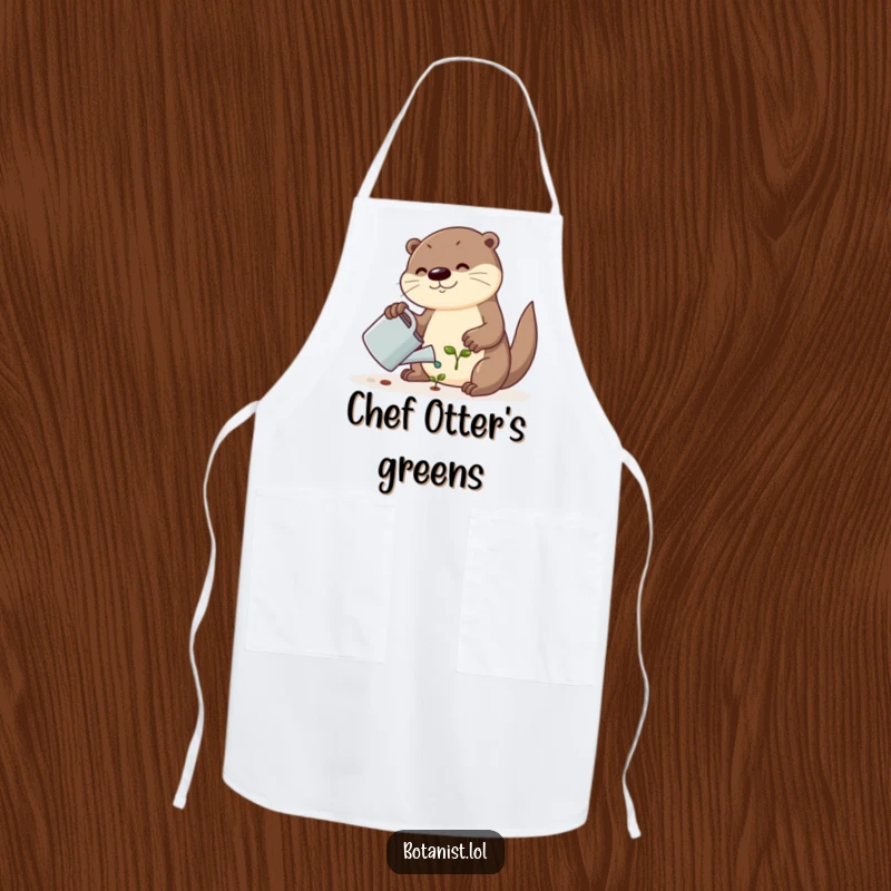 Funny apron showcasing a cute otter watering a tiny plant, ideal for cooking or gardening with a humorous touch.
