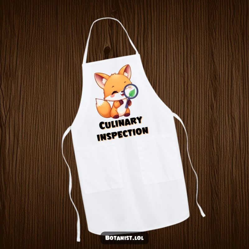 Funny joyful fox cub with a magnifying glass on a leaf, a humorous apron for chefs. Great gift.