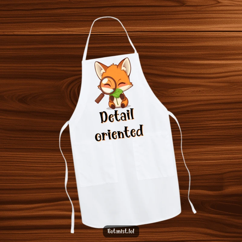 Funny apron showcasing a fox peering through a magnifying glass at a dewdropped leaf, adding focused humor to culinary tasks.