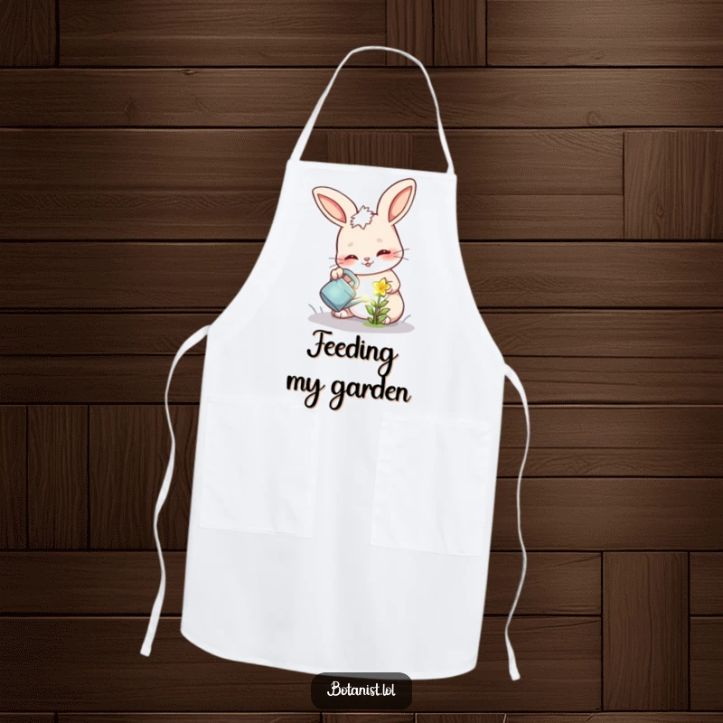Funny apron with a cheerful bunny determinedly watering a tiny, glowing flower, ready for kitchen gardening.