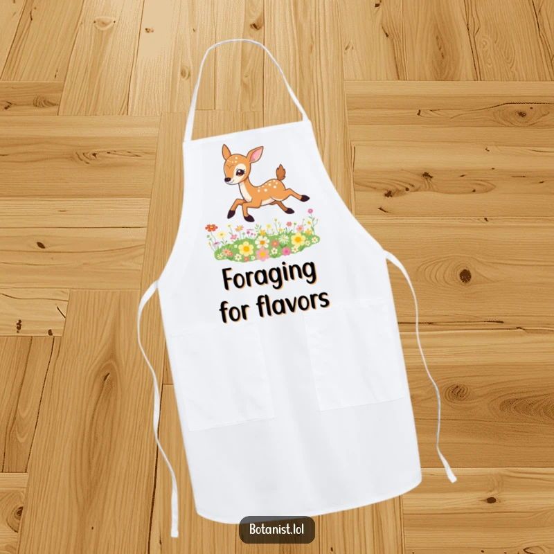 Funny Deer Apron showing a graceful deer leaping over a colorful bed of wildflowers, perfect for kitchen or garden use.