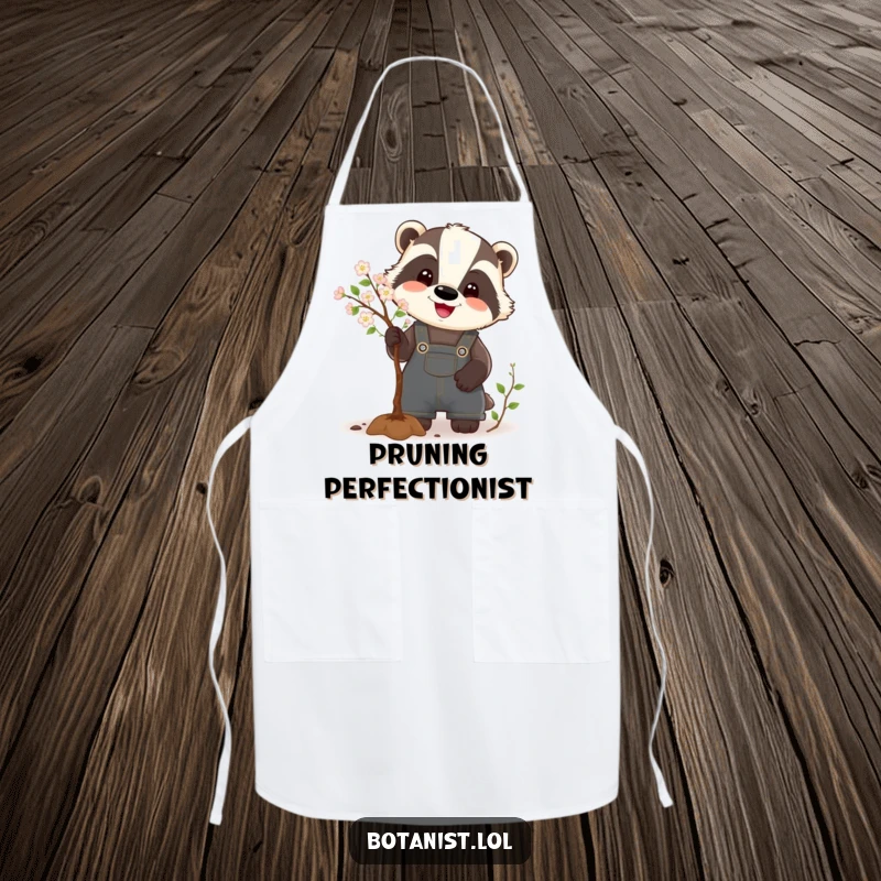 Funny Badger Apron showing a happy badger in overalls, humorously pruning a tiny tree, a delightful and practical kitchen accessory.