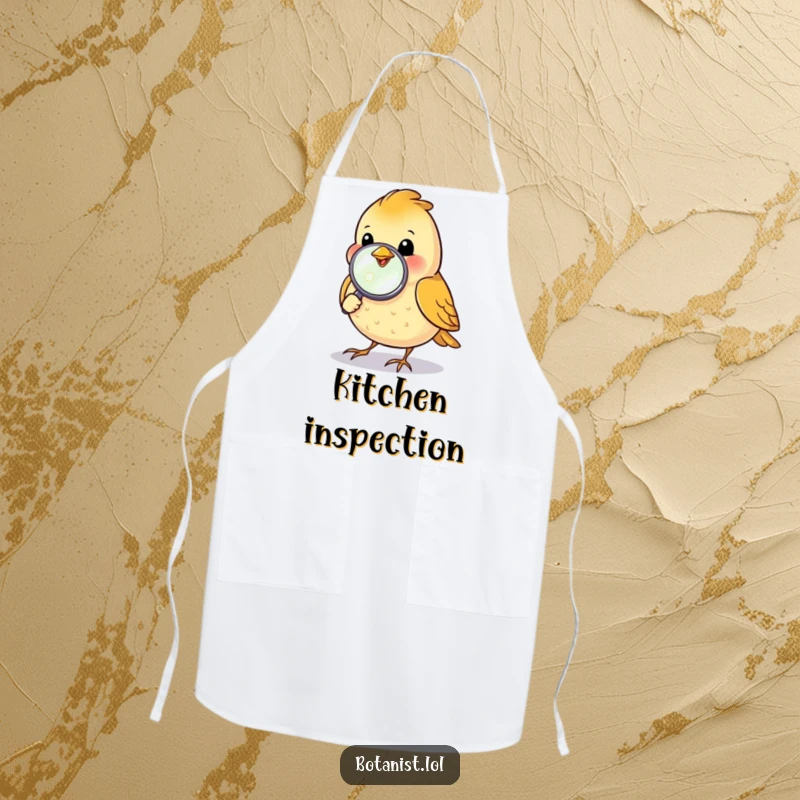 Funny bird with a magnifying glass inspecting a dewdrop, a cute and practical apron.