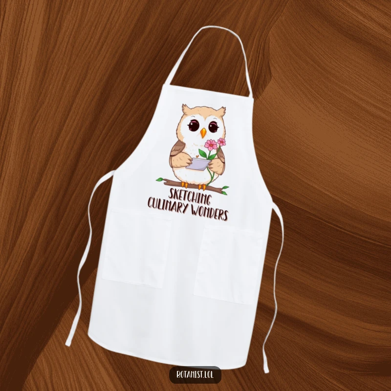 Funny apron showing a curious owl artist sketching a plant, ideal for protecting clothes while adding a humorous artistic vibe to cooking.