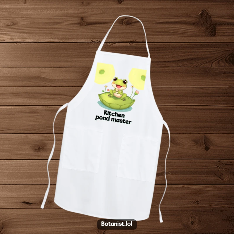 Funny apron featuring a delighted frog on a giant lily pad, inspecting tiny flowers, perfect for humorous and serene cooking sessions.