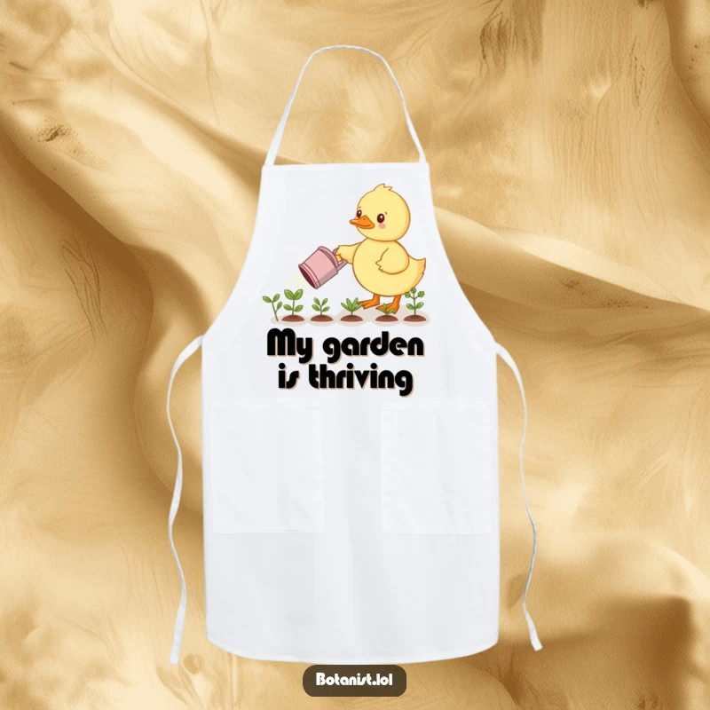 Funny apron: A determined duckling waters a row of miniature plants, keeping messes at bay. A useful and funny gift.