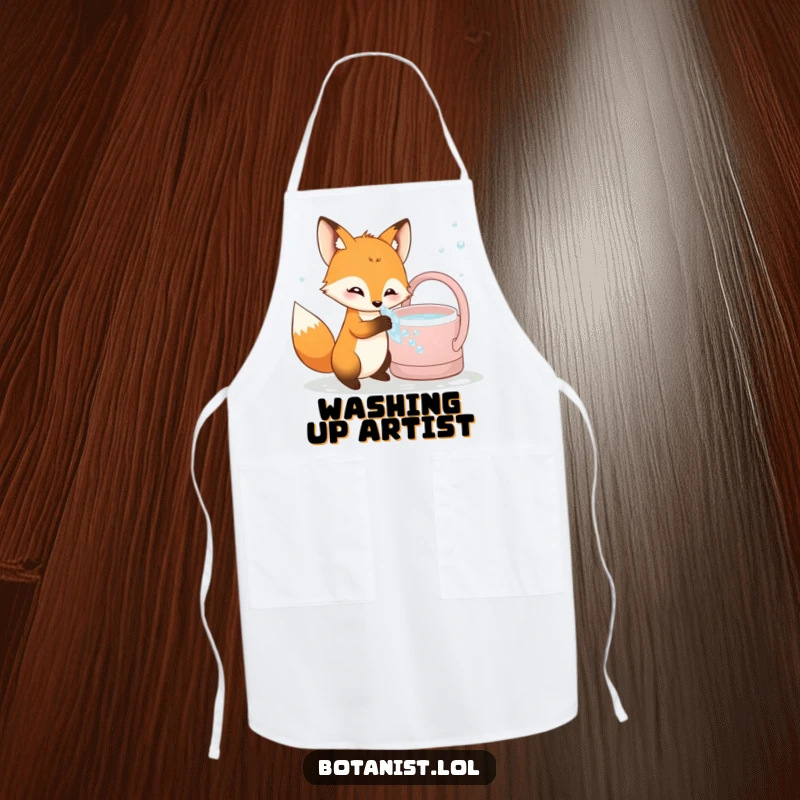 Funny curious fox apron, dipping paw into bubbly water, a humorous and practical kitchen accessory.