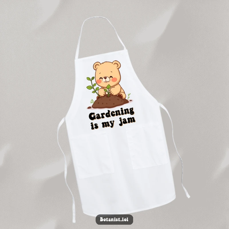 Funny apron showing a happy bear cub planting a seedling, perfect for protecting clothes with a cute and humorous gardening theme.
