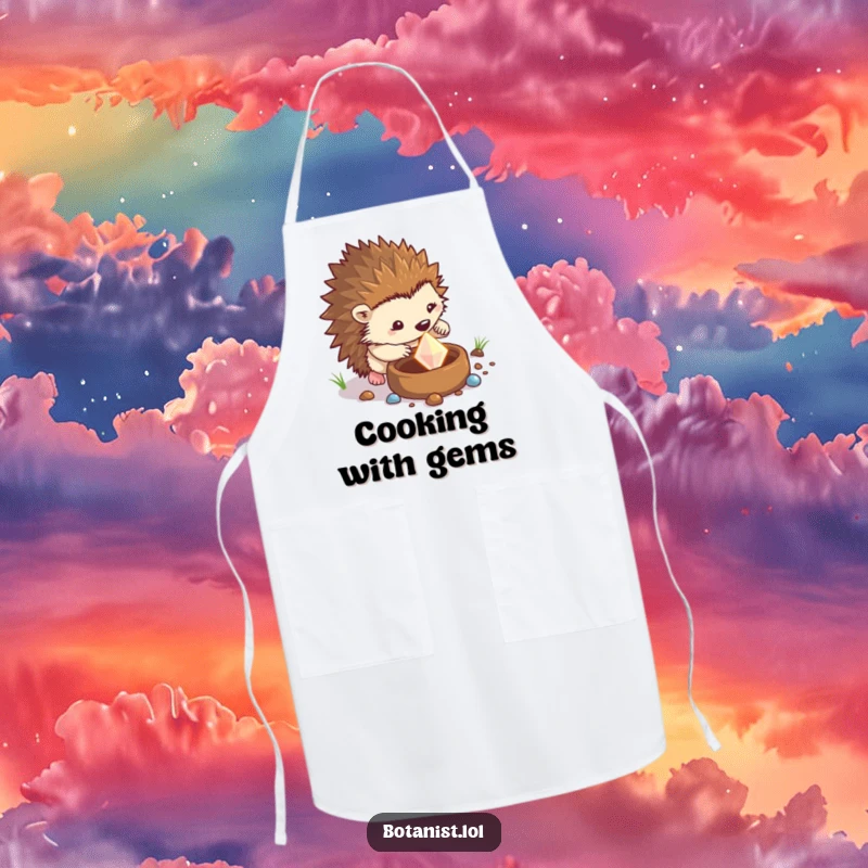 Funny hedgehog apron depicting a determined hedgehog digging in a pot to unearth a sparkling gem, perfect for kitchen humor.