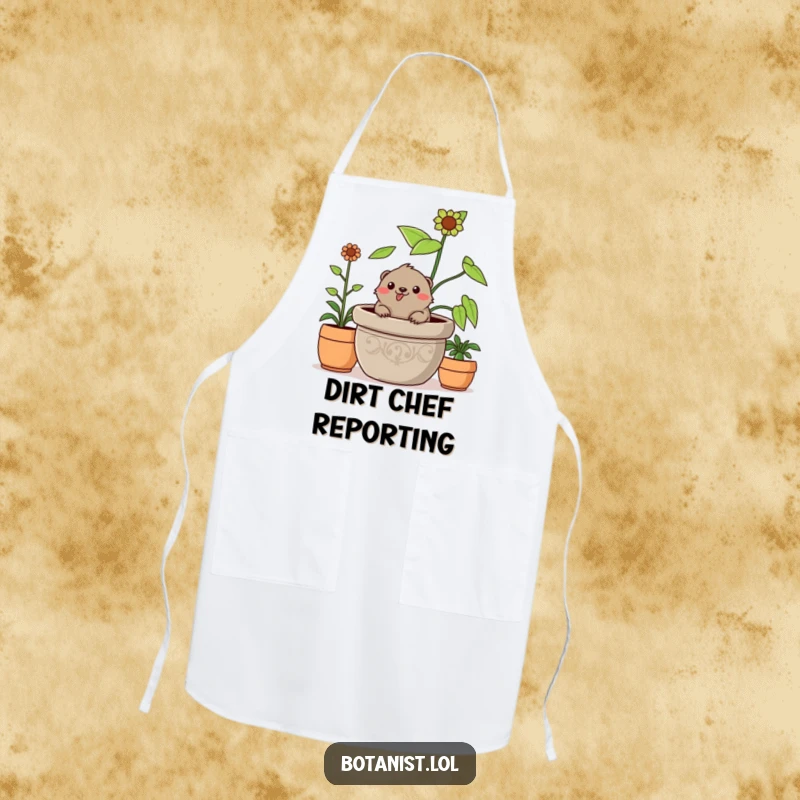 Funny cheerful mole apron, emerging from a giant plant while cooking, a humorous and practical kitchen accessory.