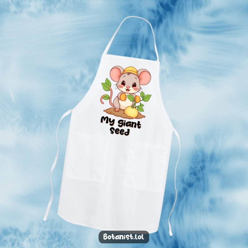 Funny Mouse Apron showing a cheerful mouse wearing gloves and planting a giant seed, perfect for gardening or kitchen use.