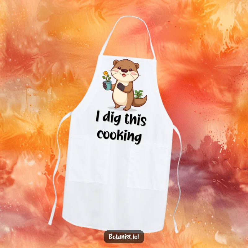 Funny otter wearing gardening gloves prances with a potted plant, making this apron a comical and practical kitchen essential.