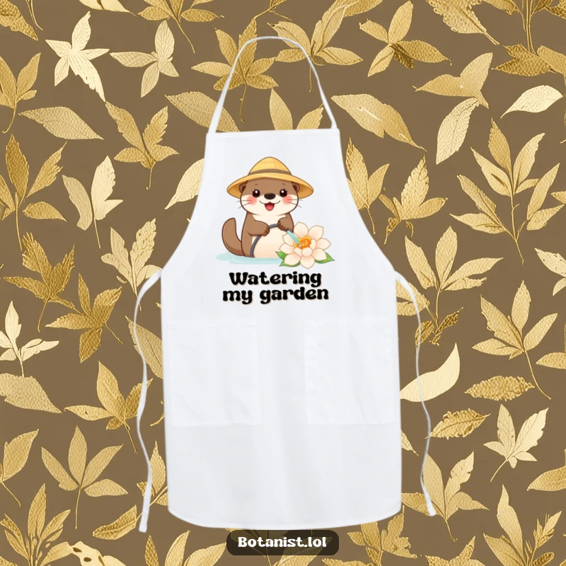 Funny apron showing a happy otter in a straw hat, watering a huge flower, ideal for keeping messes at bay with a smile.