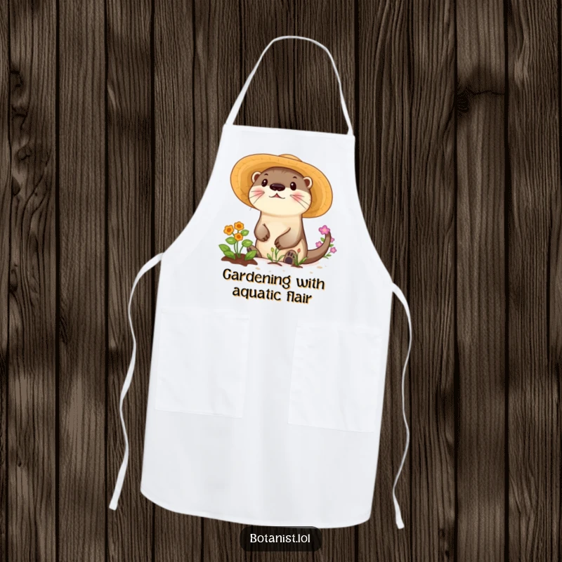 Funny apron with a playful otter in a sunhat tending a garden, perfect for cooking or crafting.