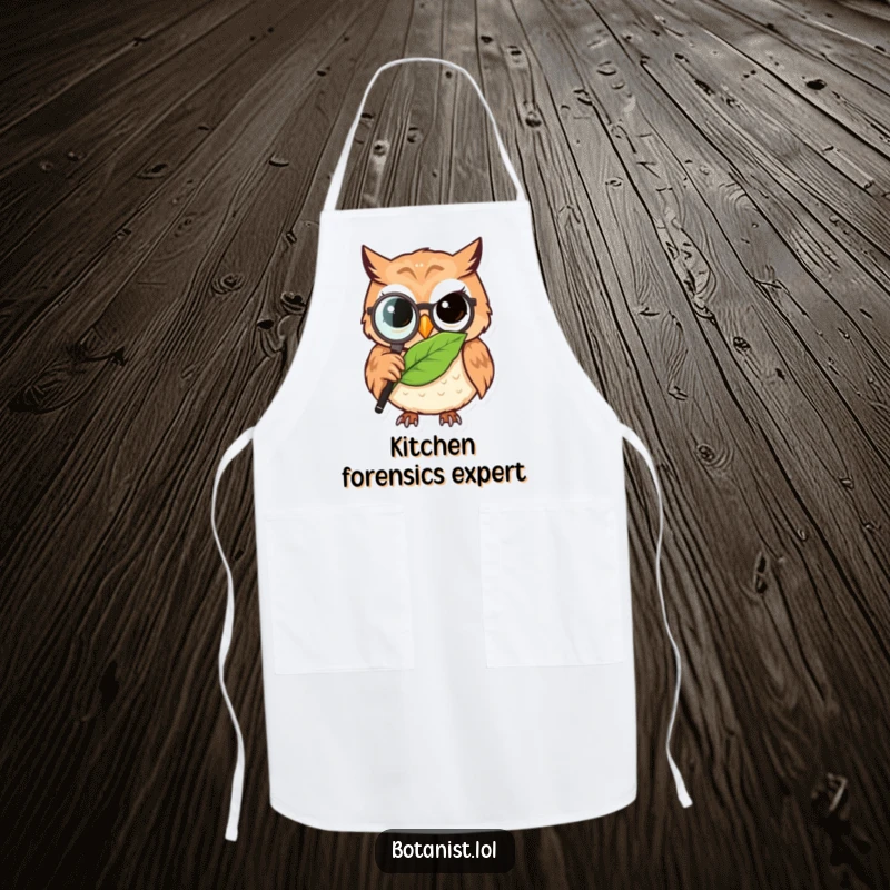 Funny owl detective apron, a determined owl using a magnifying glass to examine a leaf, practical and witty kitchen wear.