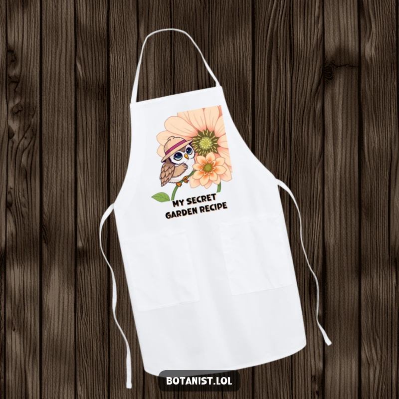 Funny apron with a cute owl in a hat examining a giant flower, perfect for gardeners who love humor, a funny kitchen gift.