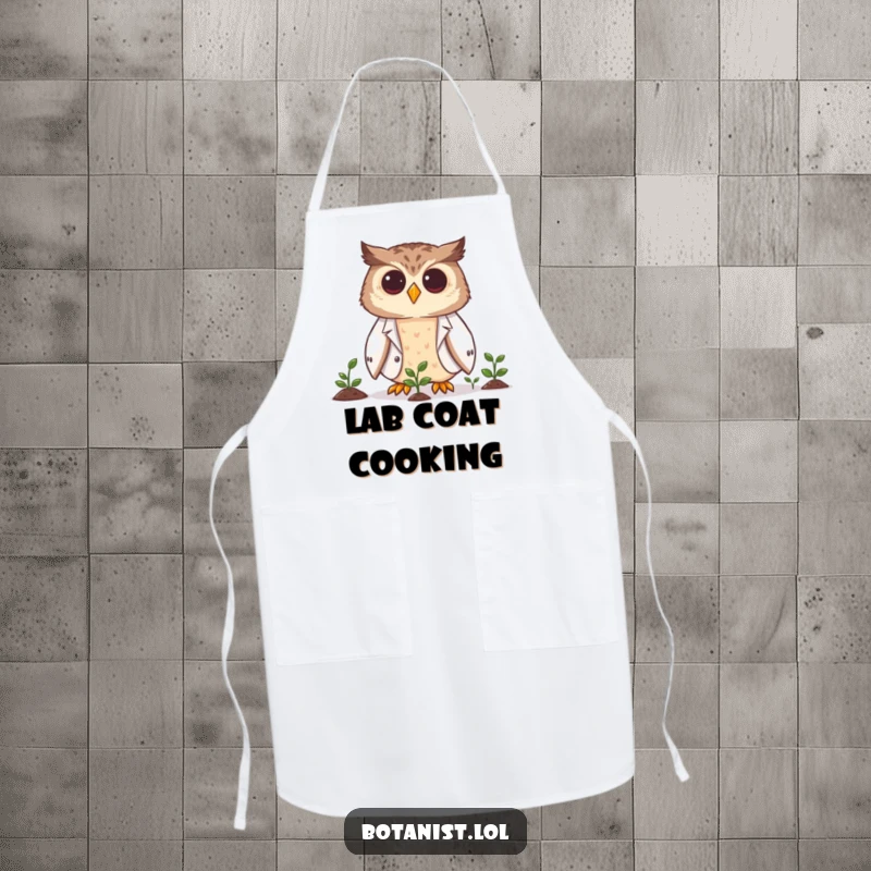 Funny owl scientist apron showing a smiling owl in a lab coat observing tiny growing plants, ideal for cooking.