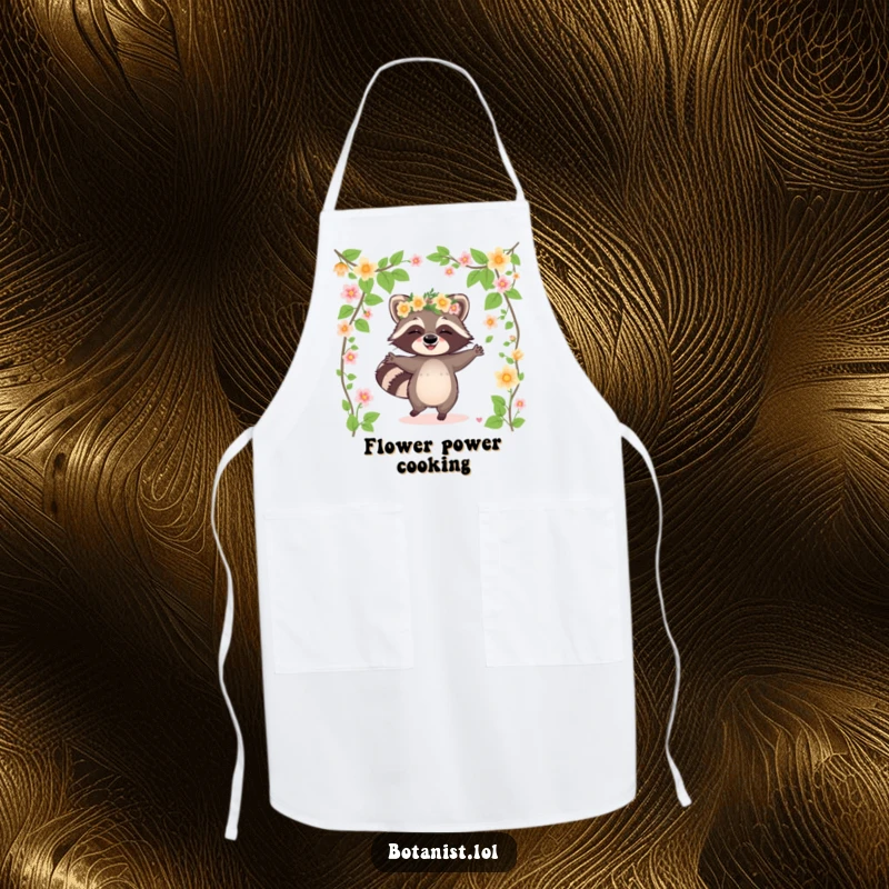 Funny raccoon apron depicting a giggling raccoon in a flower crown dancing among blooming vines, perfect for kitchen celebrations.