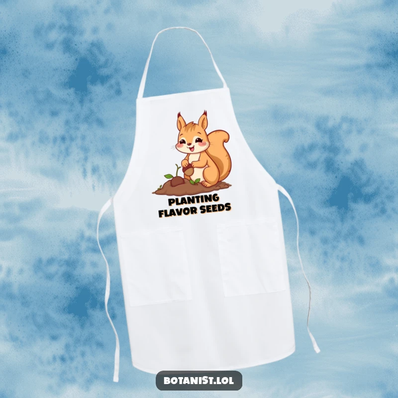 Funny apron featuring a cheerful squirrel planting a tiny acorn with great care and a proud smile, perfect for gardening.