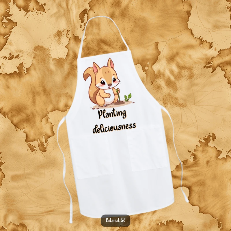 Funny apron featuring a curious squirrel with a determined expression, planting a small seed, ideal for keeping messes at bay with focus.