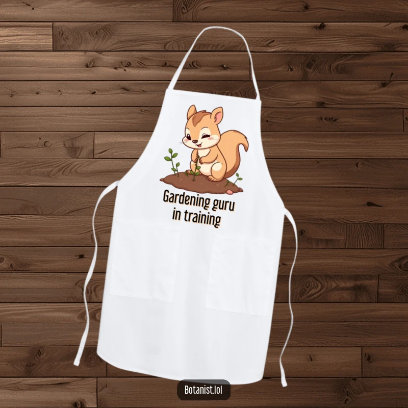 Funny squirrel planting apron, showing a determined squirrel happily sowing seeds, perfect for protecting attire with humor.