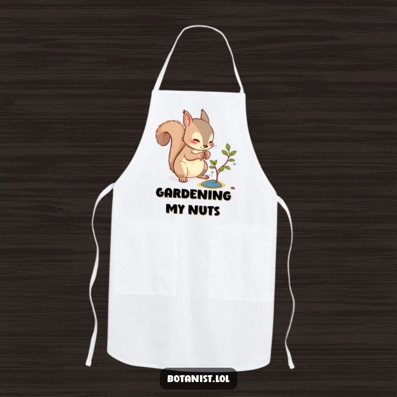 Funny apron showing a curious squirrel watering a tiny sapling, ideal for kitchen or garden tasks.