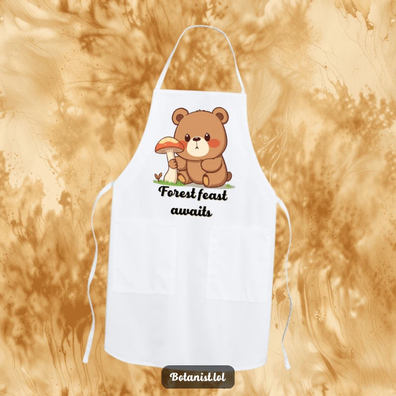 Funny apron featuring a surprised bear with wide, curious eyes, examining a giant mushroom, perfect for humorous culinary adventures.