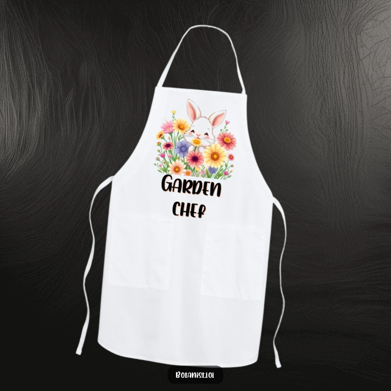 Funny apron showing a fluffy bunny joyfully sniffing a bouquet of oversized, colorful wildflowers.