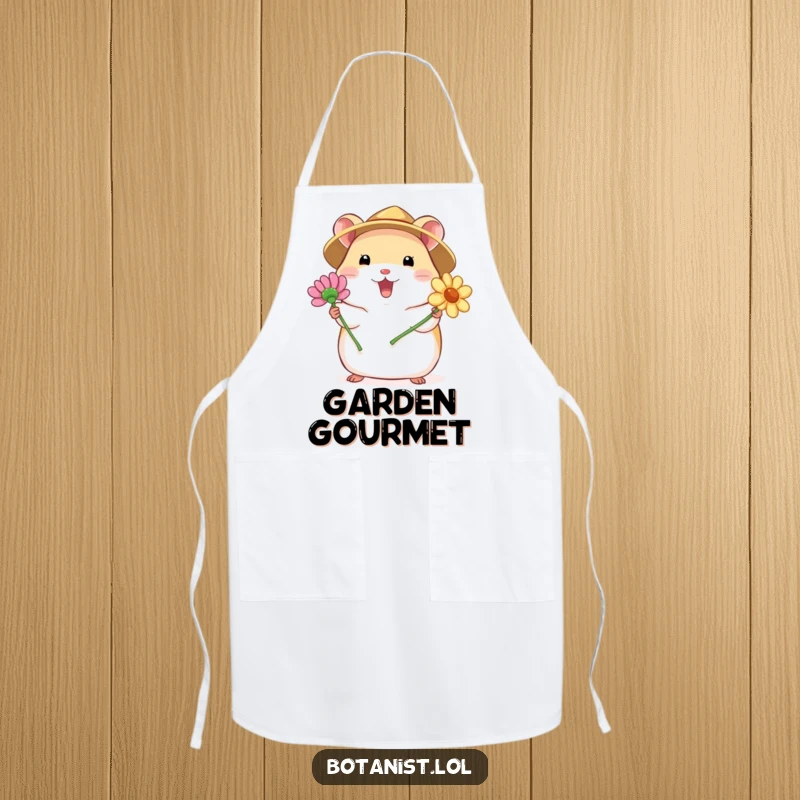 Funny apron showcasing a chubby hamster in a straw hat, excitedly presenting a blooming flower, adding cheerful humor to kitchen tasks.