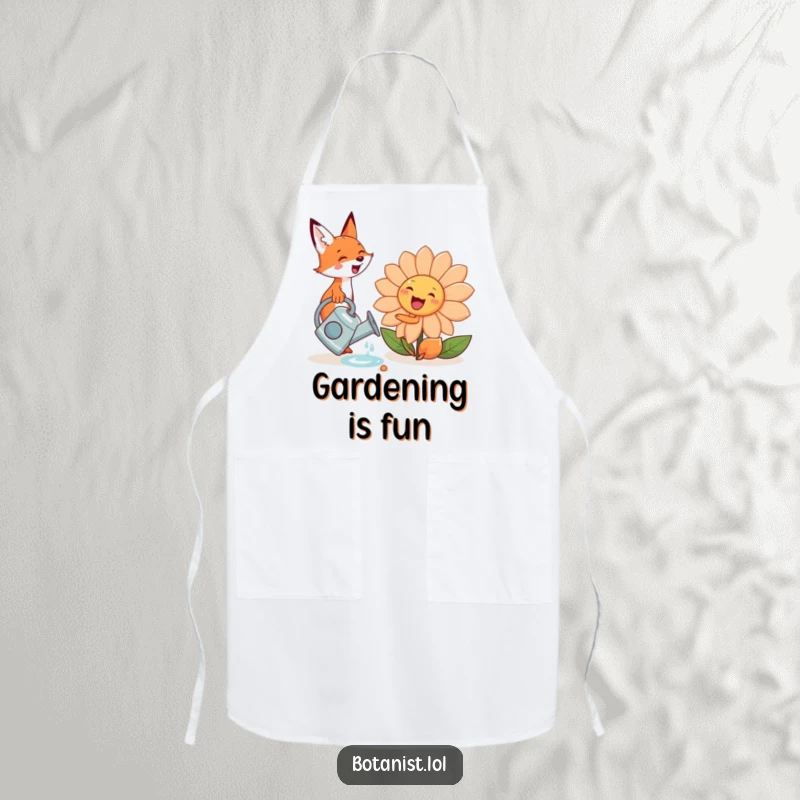 Cute, funny fox with a watering can, tending to a giant, smiling flower, featured on a practical and humorous apron.