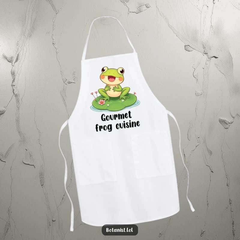 Funny apron showcasing a happy frog on a lily pad, inspecting flowers, ideal for kitchen or garden with a humorous touch.