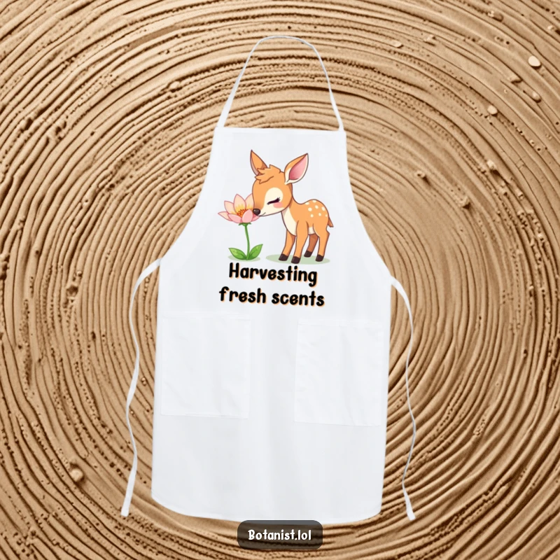 Funny Apron: A gentle deer curiously sniffs a shimmering flower, a charming and humorous kitchen accessory.
