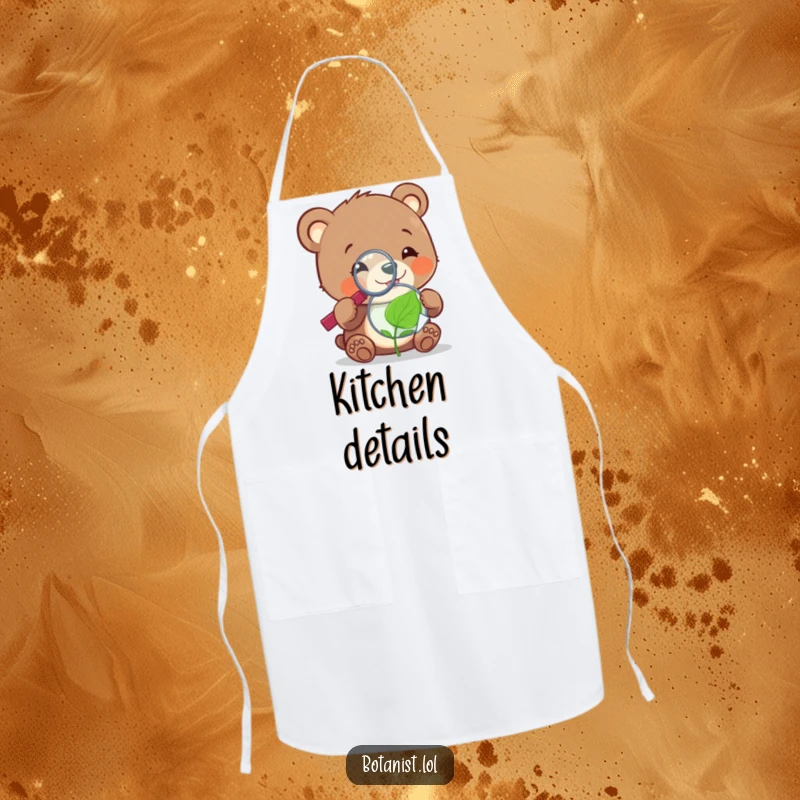 Funny cheerful bear cub with a magnifying glass, examining a tiny, sentient leaf, featured on a practical and humorous apron.