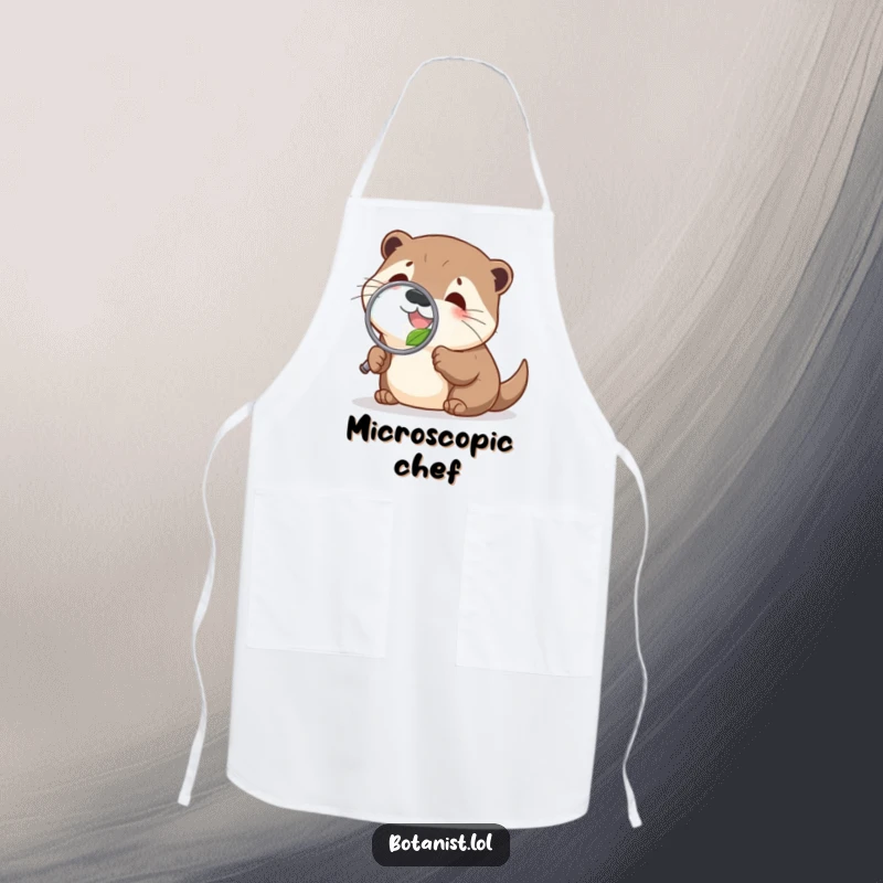 Funny delighted otter apron, using a magnifying glass to inspect ingredients, a humorous and practical kitchen accessory.