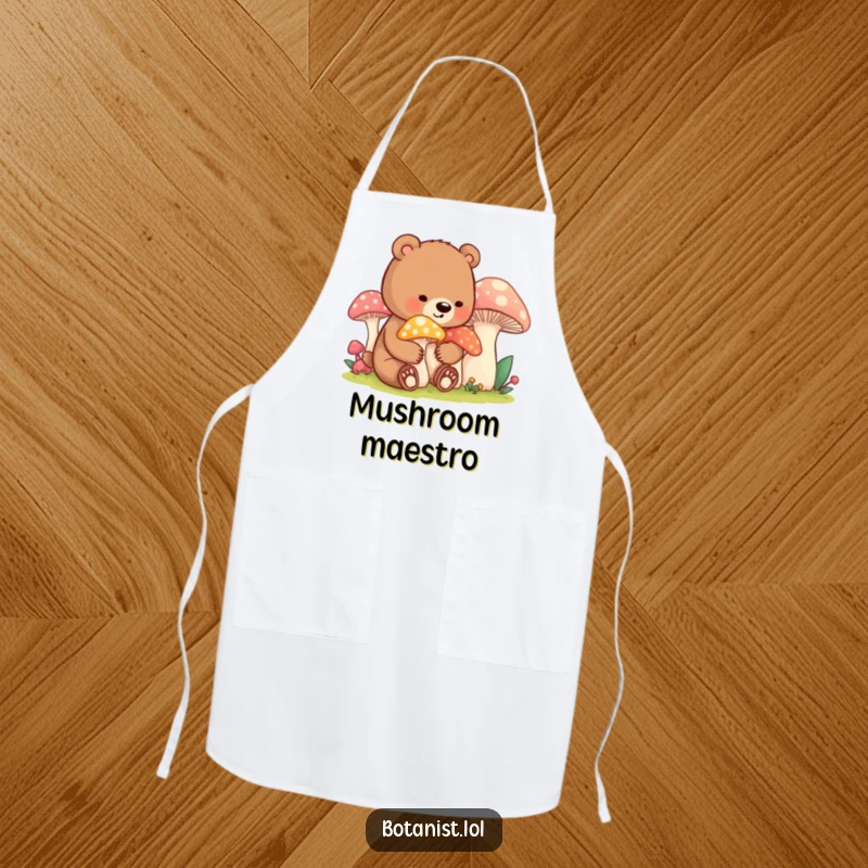 Funny bear cub mushroom apron, featuring a content cub gently tending vibrant mushrooms, perfect for kitchen fun.