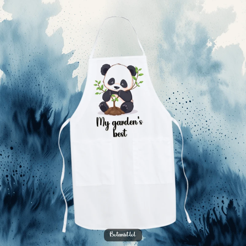 Funny Panda Apron: A focused panda diligently repots a miniature tree, perfect for keeping clean while gardening with zen.