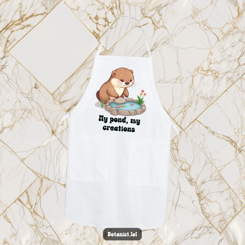 Funny Apron: A humorous otter diligently works on a miniature garden pond, perfect for a playful cook or gardener.