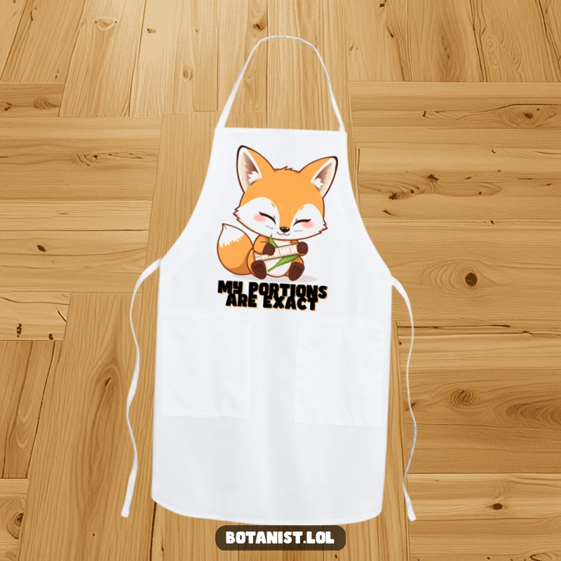 Funny apron featuring a determined fox meticulously measuring a leaf with a miniature ruler, perfect for kitchen tasks.