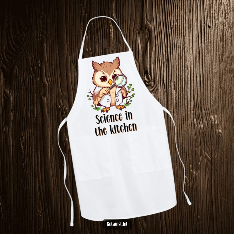 Funny apron featuring a curious owl in a lab coat, examining moss with a magnifying glass, ideal for kitchen experiments.