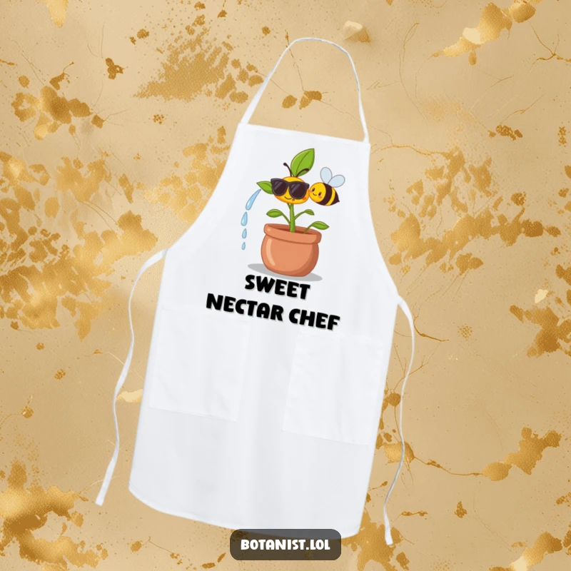 Funny apron graphic of a happy plant in sunglasses being watered by a smiling bee, ready for garden tasks.