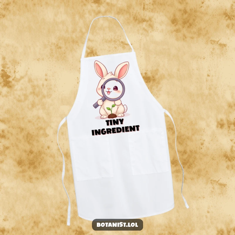 Funny rabbit apron showing a smiling rabbit using a magnifying glass on a tiny sprout, blending kitchen practicality with gentle humor.