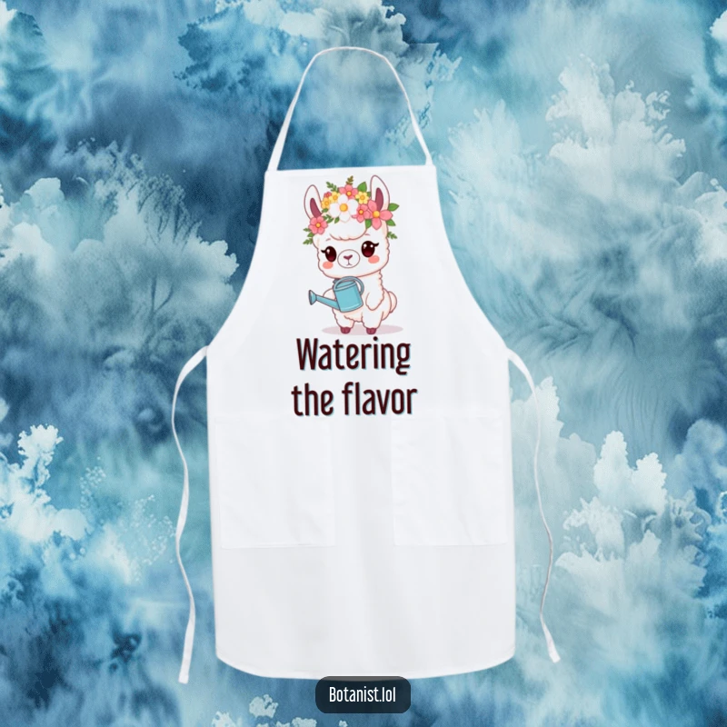 Funny Apron: A proud llama in a flower crown holds a watering can, a charming addition to any kitchen.
