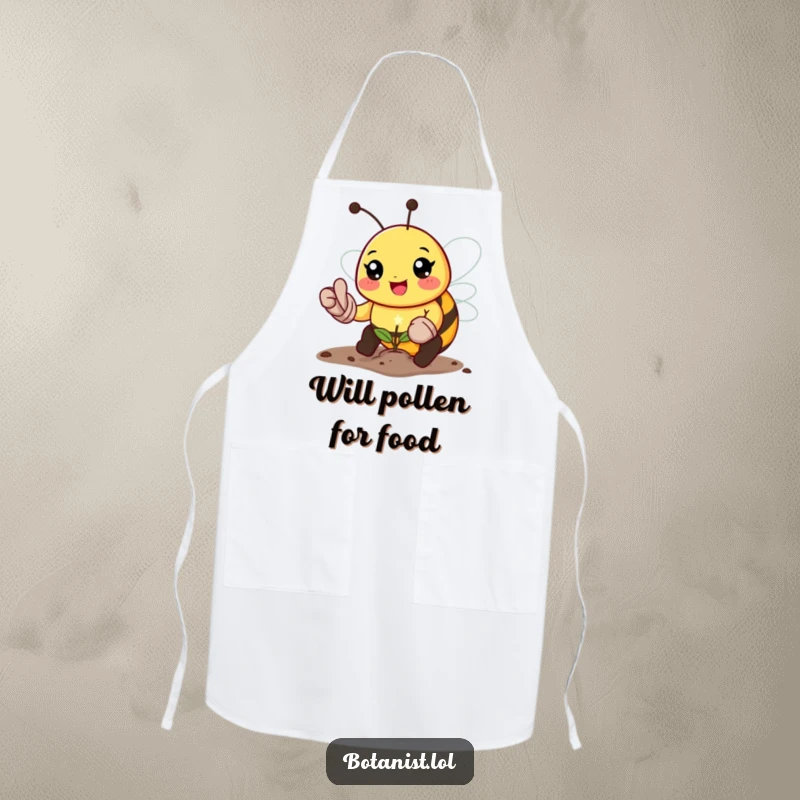 Funny bee gardener apron, featuring a happy bee wearing gloves and planting a tiny seed, practical and humorous kitchen accessory.
