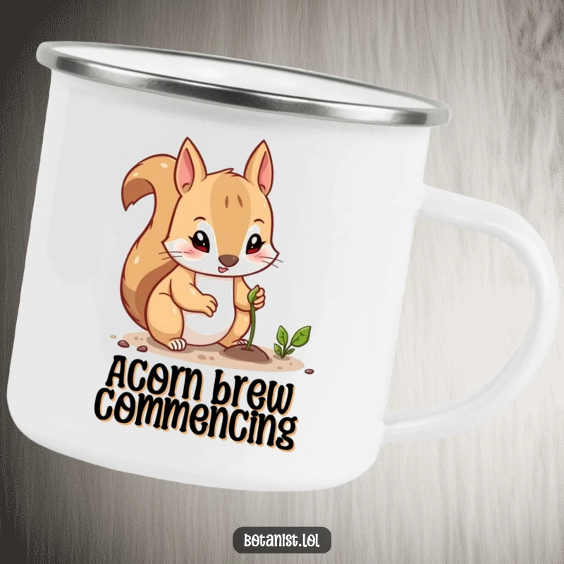 Funny camping mug with a curious squirrel, determined to plant a tiny seed, built for adventures and focused mornings.