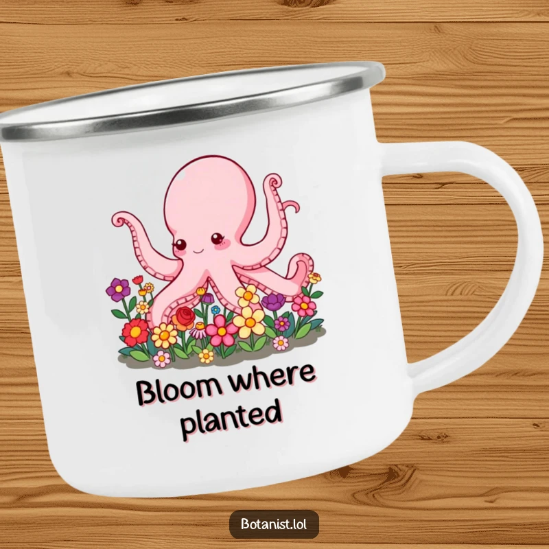 Funny Octopus Camping Mug showing a helpful octopus with many arms tending a vibrant flower garden, designed for outdoor enthusiasts.