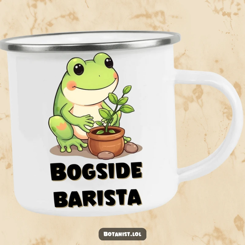 Funny camping mug illustration of a playful frog carefully tending to a tiny potted sapling in an outdoor setting.