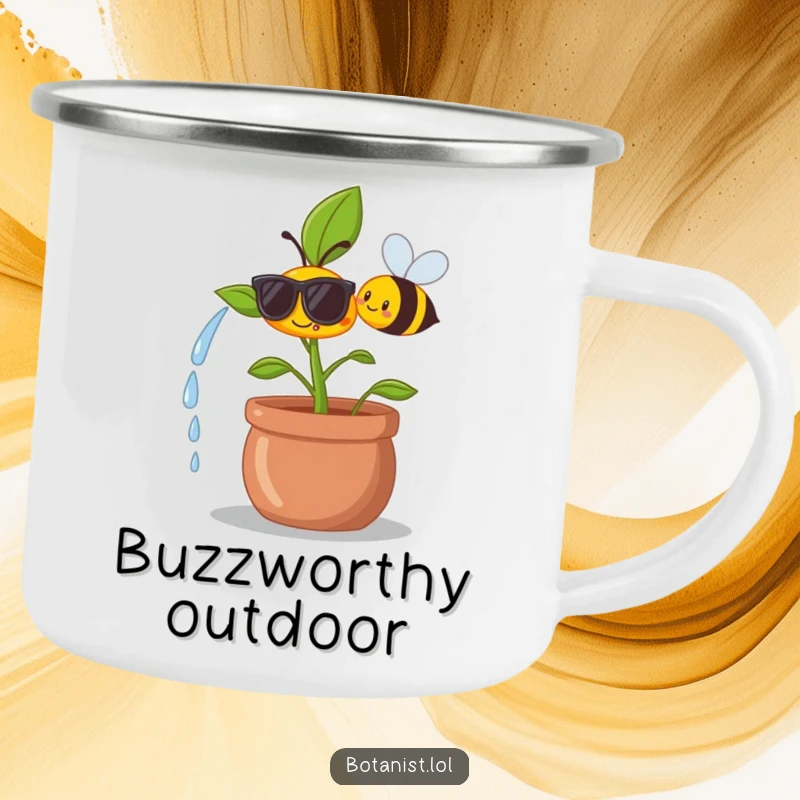Funny camping mug illustration of a happy plant with sunglasses being watered by a smiling bee in an outdoor setting.