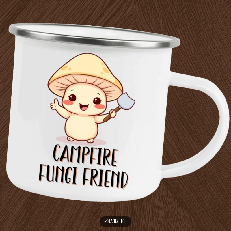 Funny camping mug illustration of a cheerful mushroom wearing a hat and holding a tiny trowel in a camping setting.